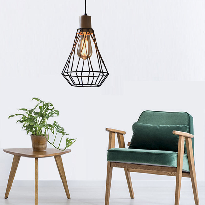 12"/13" H 1-Light Pendant Light Fixture Modern Geometric Wire Cage Iron Pendant Lamp with Wooden Top in Black for Bedroom Clearhalo 'Art Deco Pendants' 'Black' 'Cast Iron' 'Ceiling Lights' 'Ceramic' 'Crystal' 'Industrial Pendants' 'Industrial' 'Metal' 'Middle Century Pendants' 'Pendant Lights' 'Pendants' 'Rustic Pendants' 'Tiffany' Lighting' 204120