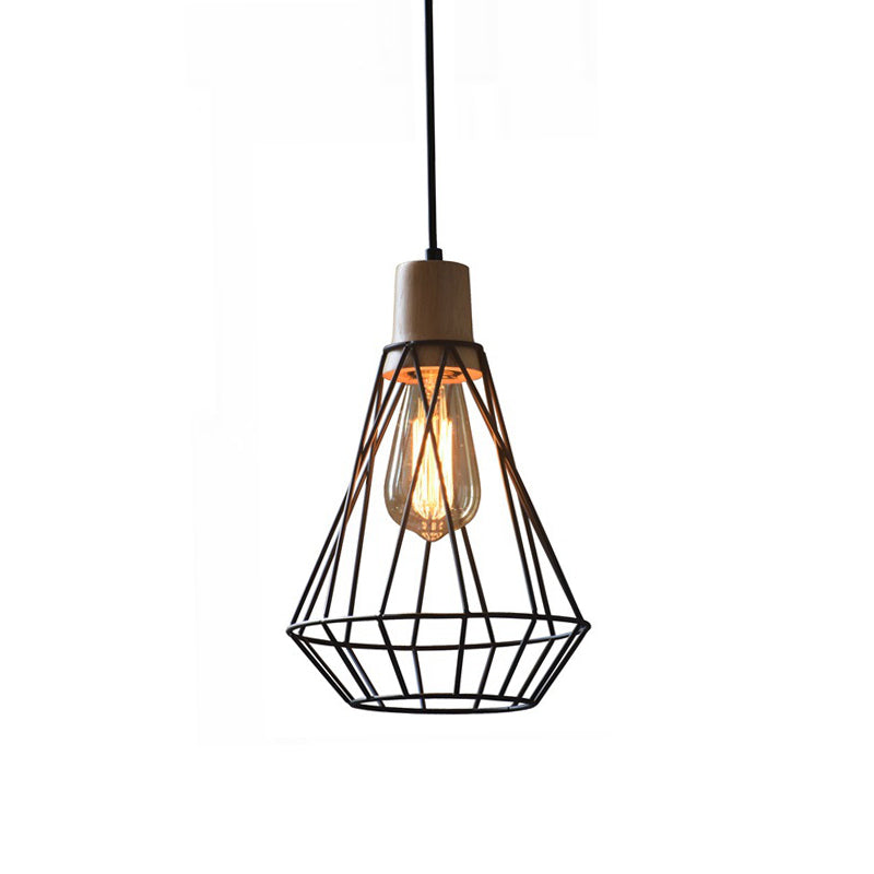 12"/13" H 1-Light Pendant Light Fixture Modern Geometric Wire Cage Iron Pendant Lamp with Wooden Top in Black for Bedroom Clearhalo 'Art Deco Pendants' 'Black' 'Cast Iron' 'Ceiling Lights' 'Ceramic' 'Crystal' 'Industrial Pendants' 'Industrial' 'Metal' 'Middle Century Pendants' 'Pendant Lights' 'Pendants' 'Rustic Pendants' 'Tiffany' Lighting' 204121