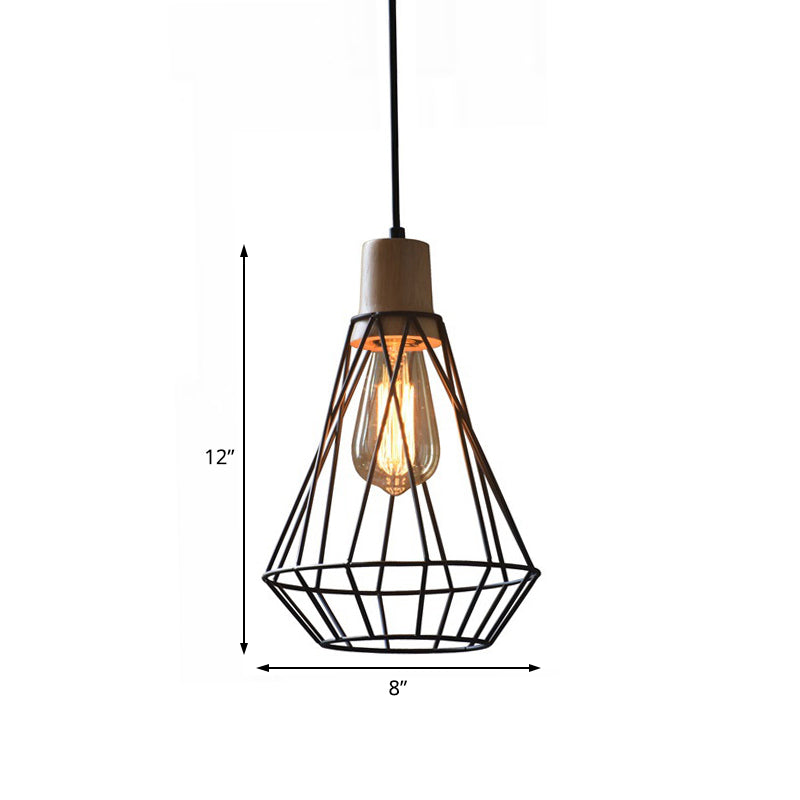 12"/13" H 1-Light Pendant Light Fixture Modern Geometric Wire Cage Iron Pendant Lamp with Wooden Top in Black for Bedroom Clearhalo 'Art Deco Pendants' 'Black' 'Cast Iron' 'Ceiling Lights' 'Ceramic' 'Crystal' 'Industrial Pendants' 'Industrial' 'Metal' 'Middle Century Pendants' 'Pendant Lights' 'Pendants' 'Rustic Pendants' 'Tiffany' Lighting' 204122