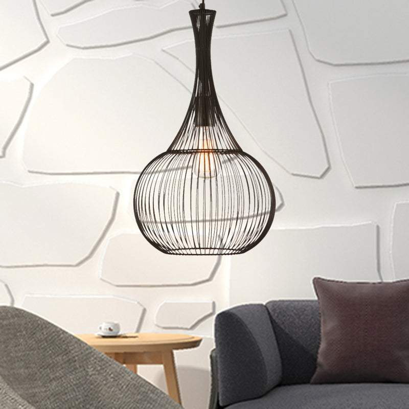 1-Light Teardrop Cage Hanging Pendant Light Industrial Black Iron Ceiling Lighting for Living Room Clearhalo 'Art Deco Pendants' 'Black' 'Cast Iron' 'Ceiling Lights' 'Ceramic' 'Crystal' 'Industrial Pendants' 'Industrial' 'Metal' 'Middle Century Pendants' 'Pendant Lights' 'Pendants' 'Rustic Pendants' 'Tiffany' Lighting' 204126