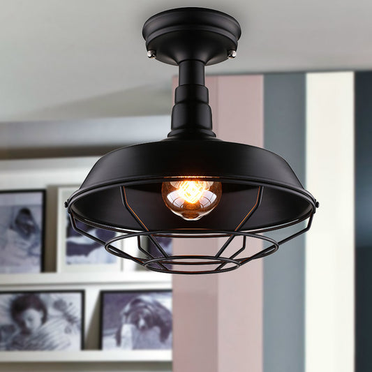 10"/14"/18" W Barn Balcony Semi Mount Lighting Retro Style Metal 1 Bulb Black Ceiling Mounted Light with Wire Frame Clearhalo 'Ceiling Lights' 'Close To Ceiling Lights' 'Close to ceiling' 'Semi-flushmount' Lighting' 204210