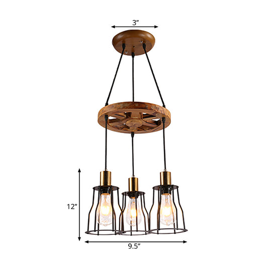 Wood Bell Cage Hanging Lamp Industrial 3/6 Lights Living Room Pendant Light in Brass Clearhalo 'Ceiling Lights' 'Industrial Pendants' 'Industrial' 'Middle Century Pendants' 'Pendant Lights' 'Pendants' 'Tiffany' Lighting' 204215