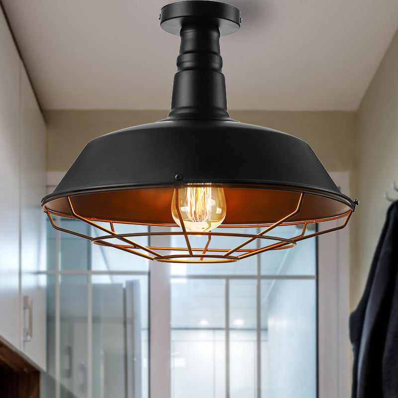 Black Cage Ceiling Light Vintage Style Metal 1 Head Indoor Semi Flush Mount Lighting with Barn Shade, 10"/14"/18" W Black Clearhalo 'Ceiling Lights' 'Close To Ceiling Lights' 'Close to ceiling' 'Semi-flushmount' Lighting' 204250