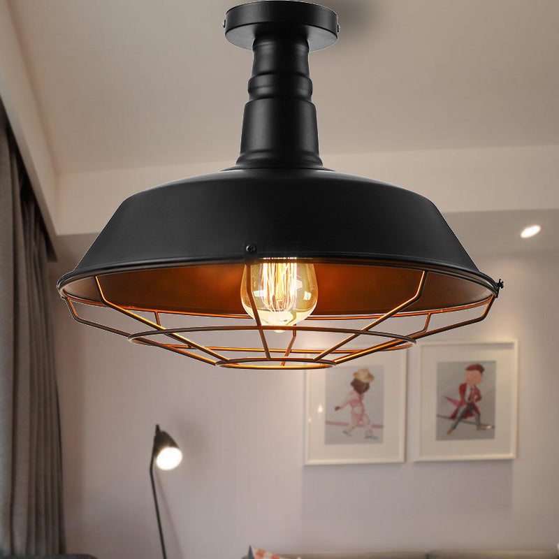 Black Cage Ceiling Light Vintage Style Metal 1 Head Indoor Semi Flush Mount Lighting with Barn Shade, 10"/14"/18" W Clearhalo 'Ceiling Lights' 'Close To Ceiling Lights' 'Close to ceiling' 'Semi-flushmount' Lighting' 204251