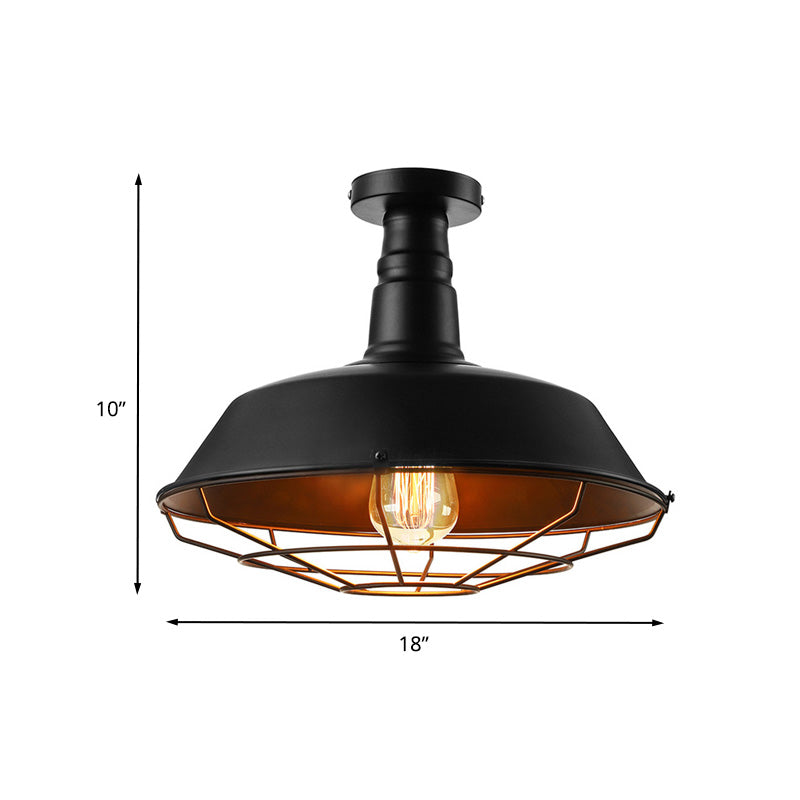 Black Cage Ceiling Light Vintage Style Metal 1 Head Indoor Semi Flush Mount Lighting with Barn Shade, 10"/14"/18" W Clearhalo 'Ceiling Lights' 'Close To Ceiling Lights' 'Close to ceiling' 'Semi-flushmount' Lighting' 204252