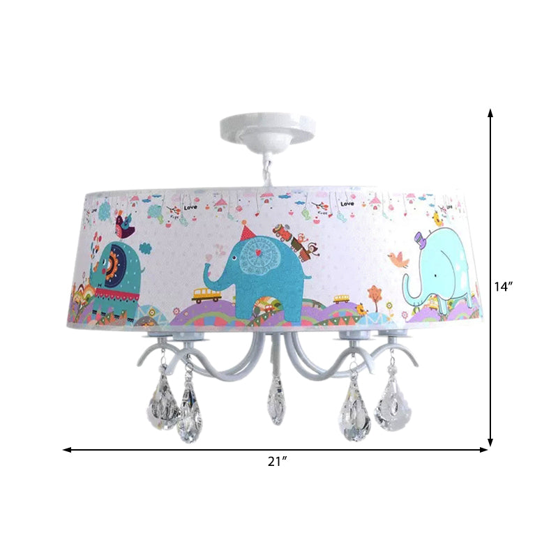 White Drum Pendant Light with Elephant Crystal 5 Lights Animal Metal Chandelier for Kids Bedroom Clearhalo 'Ceiling Lights' 'Chandeliers' Lighting' options 204272