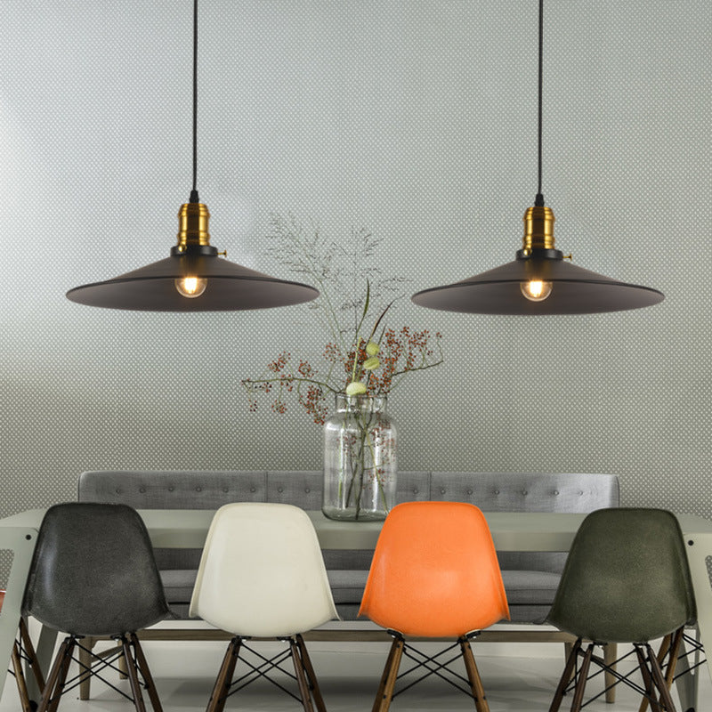 8.5"/10"/12" Wide Single Bulb Metal Pendant Light Fixture Industrial Black Flared Dining Room Hanging Lamp Black 14" Clearhalo 'Art Deco Pendants' 'Black' 'Cast Iron' 'Ceiling Lights' 'Ceramic' 'Crystal' 'Industrial Pendants' 'Industrial' 'Metal' 'Middle Century Pendants' 'Pendant Lights' 'Pendants' 'Rustic Pendants' 'Tiffany' Lighting' 204359