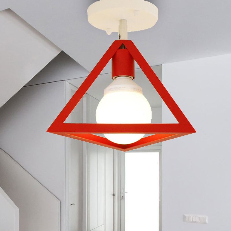 Retro Industrial Wire Cage Semi Flush Ceiling Light with Triangle Shade 1 Head Metal Ceiling Lamp in Black/Grey/White Red Clearhalo 'Ceiling Lights' 'Close To Ceiling Lights' 'Close to ceiling' 'Semi-flushmount' Lighting' 204406