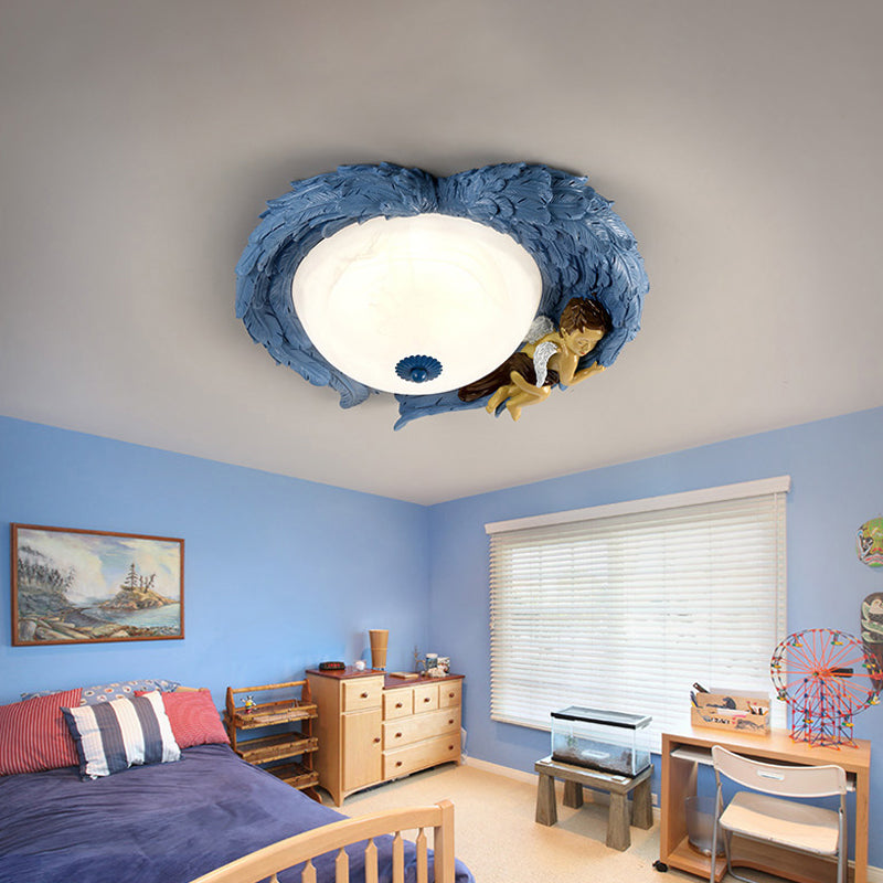 Resin Wing Flush Mount Light with Angel Child Bedroom Romantic Ceiling Lamp Clearhalo 'Ceiling Lights' 'Close To Ceiling Lights' 'Close to ceiling' 'Flush mount' Lighting' 204427