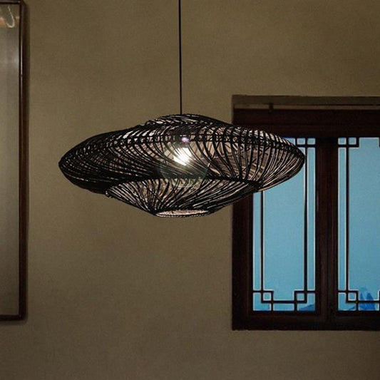 Creative Asian Flying Saucer Ceiling Light Rattan 1 Head Dining Room Suspension Pendant Black Clearhalo 'Ceiling Lights' 'Modern Pendants' 'Modern' 'Pendant Lights' 'Pendants' Lighting' 2044324