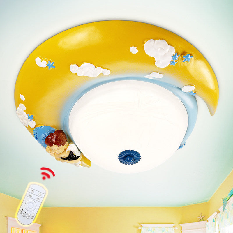 Resin Crescent Flush Mount Light with Little Angel Modern Ceiling Lamp for Kid Bedroom Yellow Clearhalo 'Ceiling Lights' 'Close To Ceiling Lights' 'Close to ceiling' 'Flush mount' Lighting' 204434