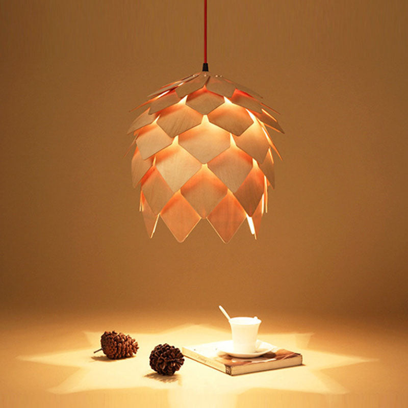 Decorative 1 Bulb Pendulum Light Beige Pipecone Shaped Pendant with Wooden Shade Clearhalo 'Ceiling Lights' 'Pendant Lights' 'Pendants' Lighting' 2044340