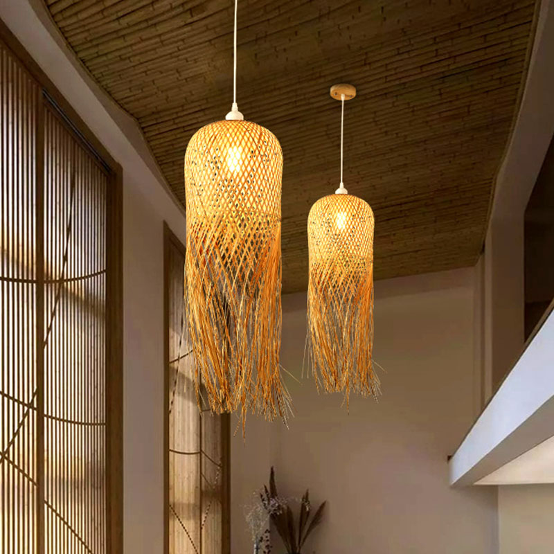 Weaving Dome Pendant Light Fixture Asian Bamboo 1-Light Dining Room Ceiling Lamp with Fringe in Wood Wood Clearhalo 'Ceiling Lights' 'Pendant Lights' 'Pendants' Lighting' 2044343_26661339-b607-4981-bcd7-318d4cb5e91e