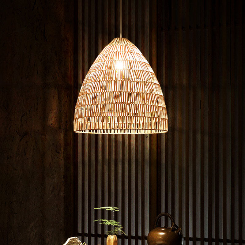 Cloche Shaped Rattan Hanging Ceiling Light Asian Single Wood Pendant Lighting Fixture Clearhalo 'Ceiling Lights' 'Pendant Lights' 'Pendants' Lighting' 2044363