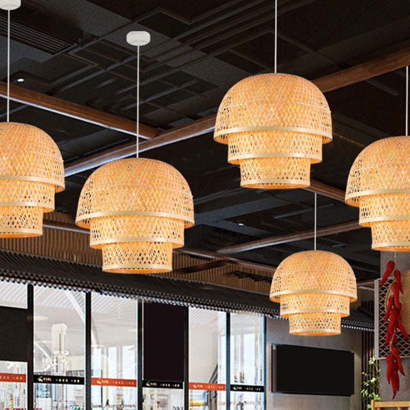 Single Restaurant Down Lighting Pendant Asian Wood Hanging Lamp with Tiered Bamboo Shade Clearhalo 'Ceiling Lights' 'Pendant Lights' 'Pendants' Lighting' 2044370