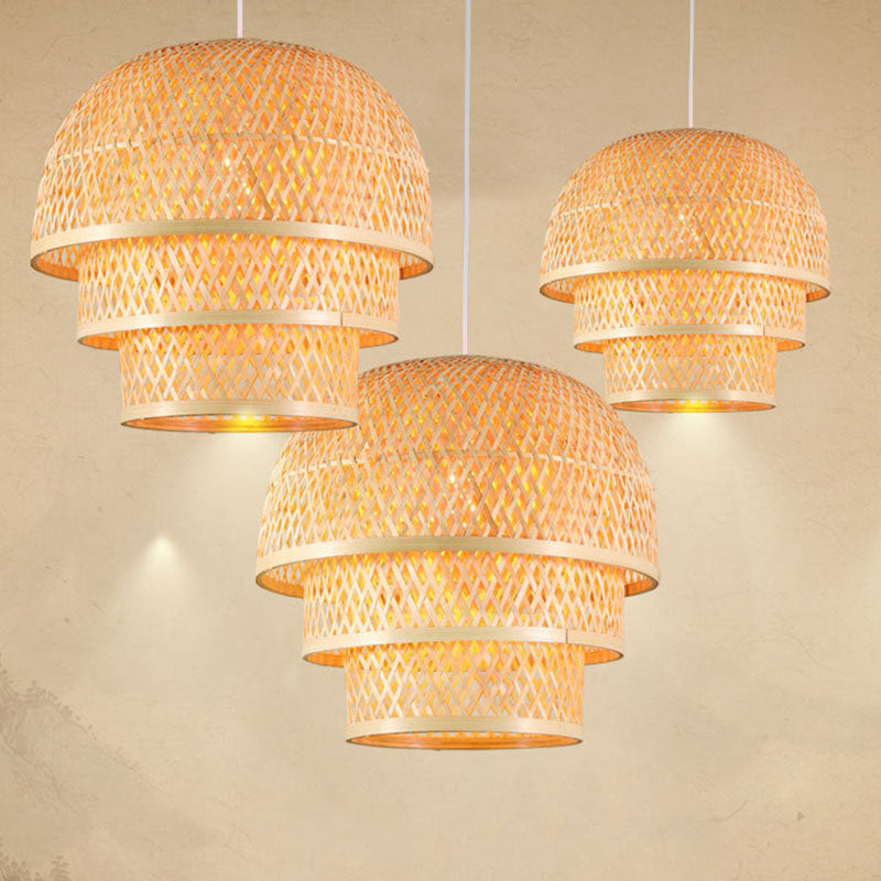 Single Restaurant Down Lighting Pendant Asian Wood Hanging Lamp with Tiered Bamboo Shade Clearhalo 'Ceiling Lights' 'Pendant Lights' 'Pendants' Lighting' 2044371