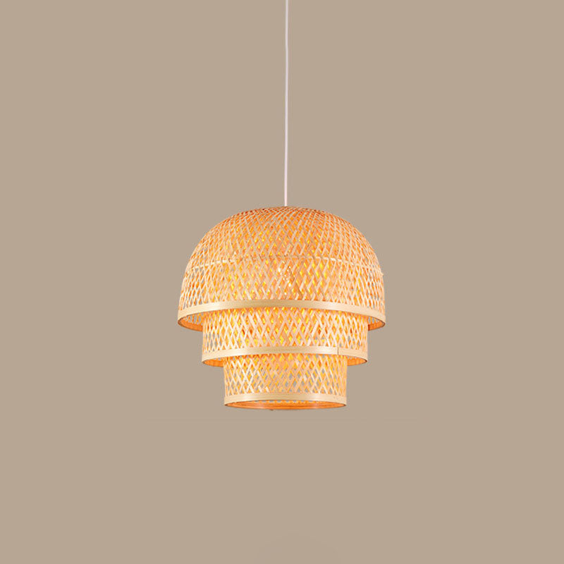 Single Restaurant Down Lighting Pendant Asian Wood Hanging Lamp with Tiered Bamboo Shade Clearhalo 'Ceiling Lights' 'Pendant Lights' 'Pendants' Lighting' 2044374