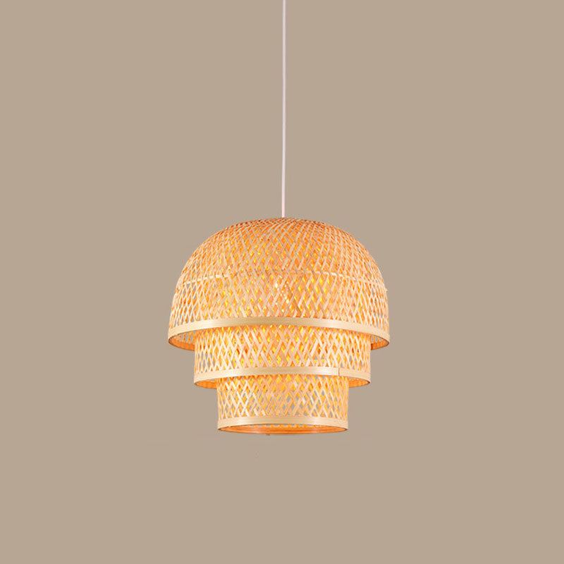 Single Restaurant Down Lighting Pendant Asian Wood Hanging Lamp with Tiered Bamboo Shade Clearhalo 'Ceiling Lights' 'Pendant Lights' 'Pendants' Lighting' 2044375