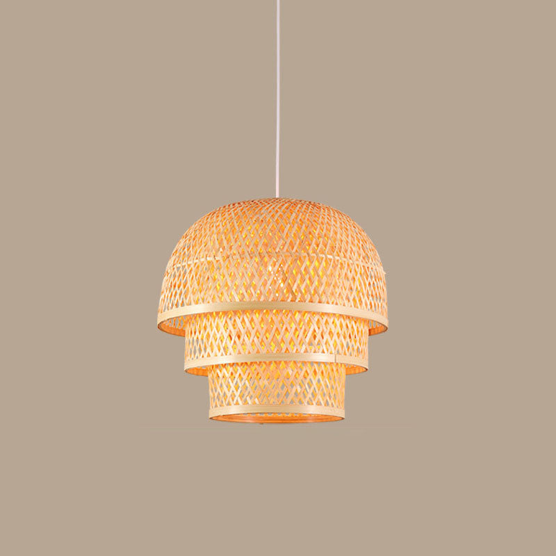 Single Restaurant Down Lighting Pendant Asian Wood Hanging Lamp with Tiered Bamboo Shade Clearhalo 'Ceiling Lights' 'Pendant Lights' 'Pendants' Lighting' 2044376