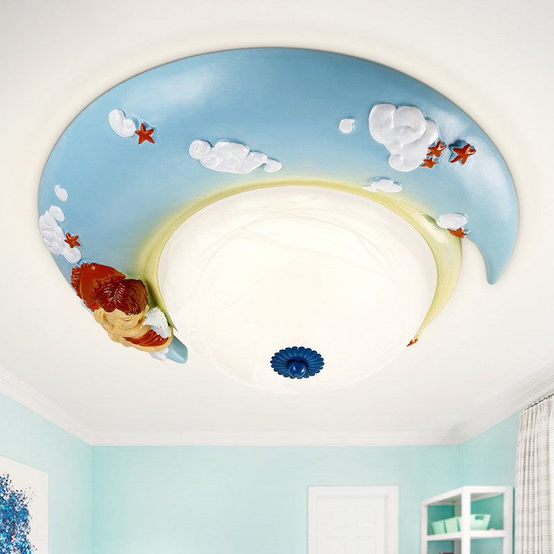 Resin Crescent Flush Mount Light with Little Angel Modern Ceiling Lamp for Kid Bedroom Blue Clearhalo 'Ceiling Lights' 'Close To Ceiling Lights' 'Close to ceiling' 'Flush mount' Lighting' 204441