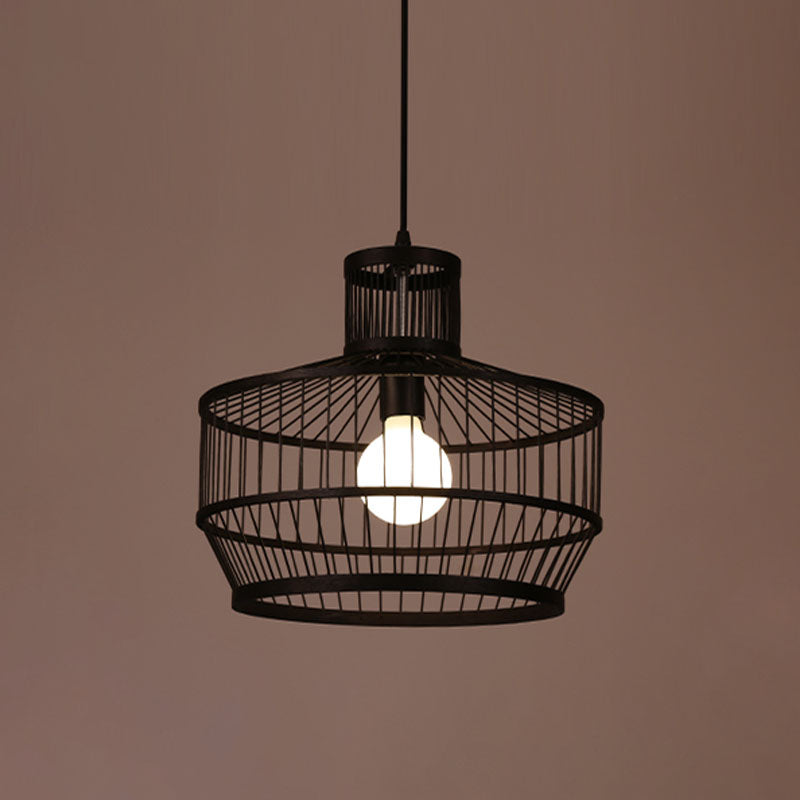 Bamboo Cage Style Pendant Lighting Chinese 1-Light Black Ceiling Suspension Lamp Clearhalo 'Ceiling Lights' 'Pendant Lights' 'Pendants' Lighting' 2044412