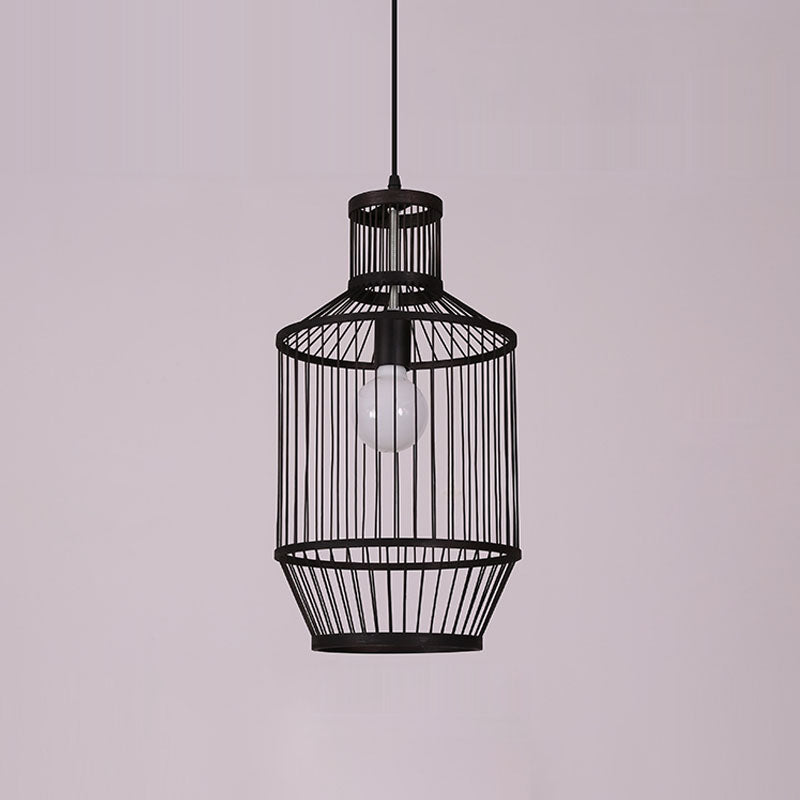 Bamboo Cage Style Pendant Lighting Chinese 1-Light Black Ceiling Suspension Lamp Clearhalo 'Ceiling Lights' 'Pendant Lights' 'Pendants' Lighting' 2044416