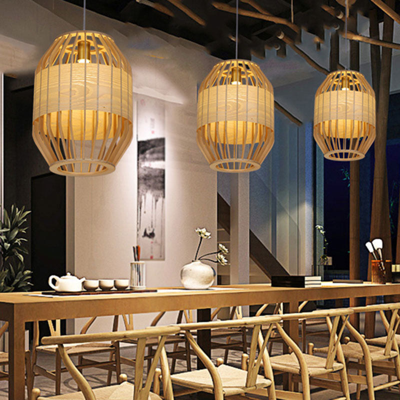 Bamboo Slatted Hanging Light Kit Asian 1 Light Wood Down Lighting Pendant over Table Clearhalo 'Ceiling Lights' 'Pendant Lights' 'Pendants' Lighting' 2044419