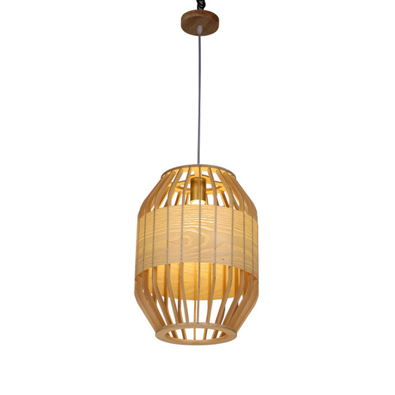 Bamboo Slatted Hanging Light Kit Asian 1 Light Wood Down Lighting Pendant over Table Clearhalo 'Ceiling Lights' 'Pendant Lights' 'Pendants' Lighting' 2044421