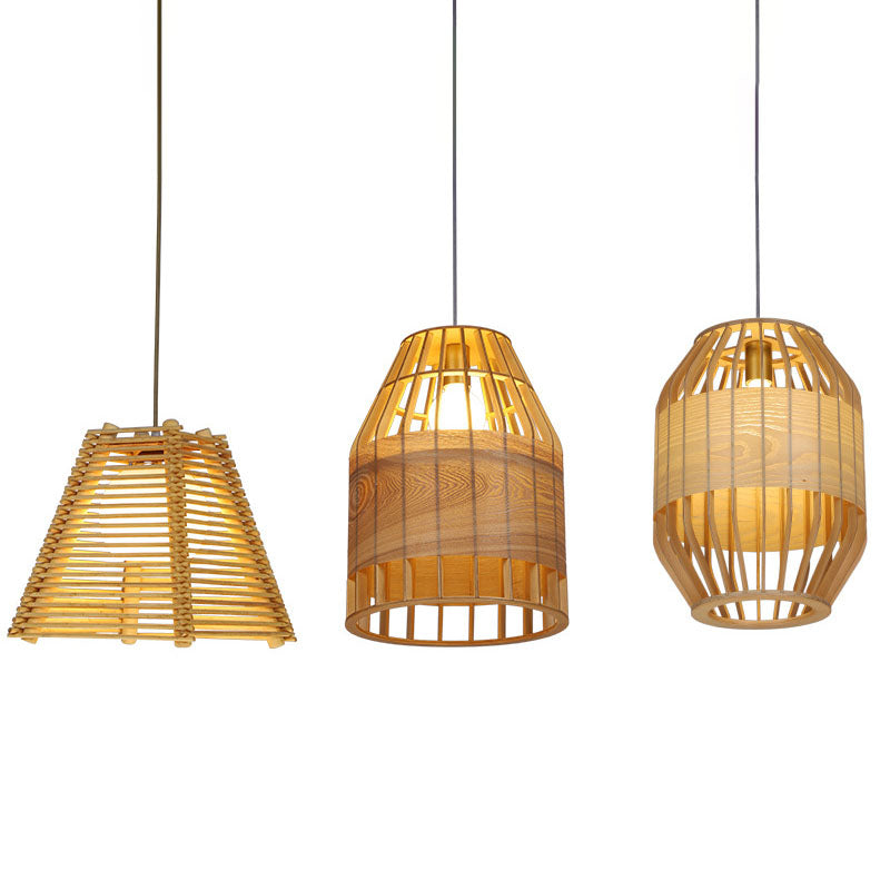 Bamboo Slatted Hanging Light Kit Asian 1 Light Wood Down Lighting Pendant over Table Clearhalo 'Ceiling Lights' 'Pendant Lights' 'Pendants' Lighting' 2044424