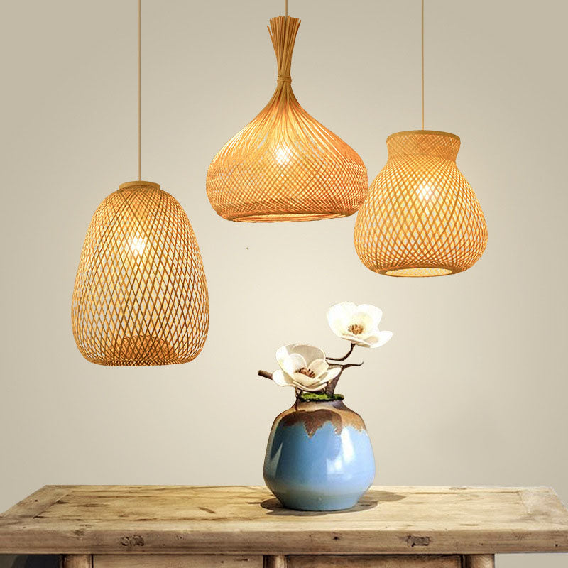 Wood Hand-Braided Pendant Lamp Chinese Style 1 Head Bamboo Ceiling Hanging Lantern Clearhalo 'Ceiling Lights' 'Pendant Lights' 'Pendants' Lighting' 2044426