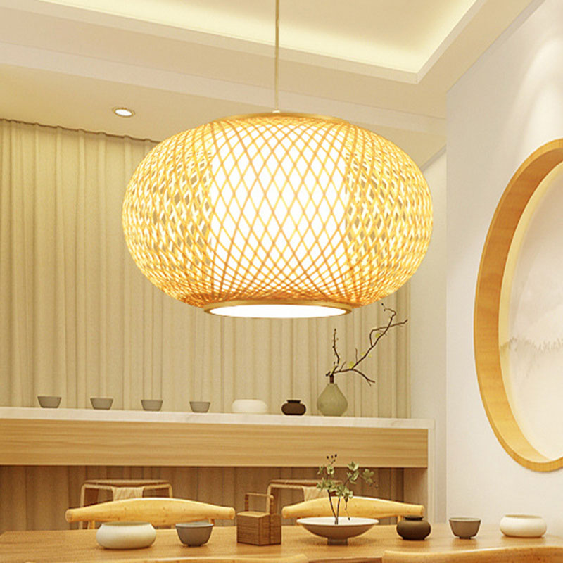 Criss Cross Weaving Hanging Lamp Chinese Bamboo 1 Bulb Tearoom Pendant Light Kit in Wood Wood A Clearhalo 'Ceiling Lights' 'Pendant Lights' 'Pendants' Lighting' 2044433_395ff346-3663-437e-ae36-5b500f961fda