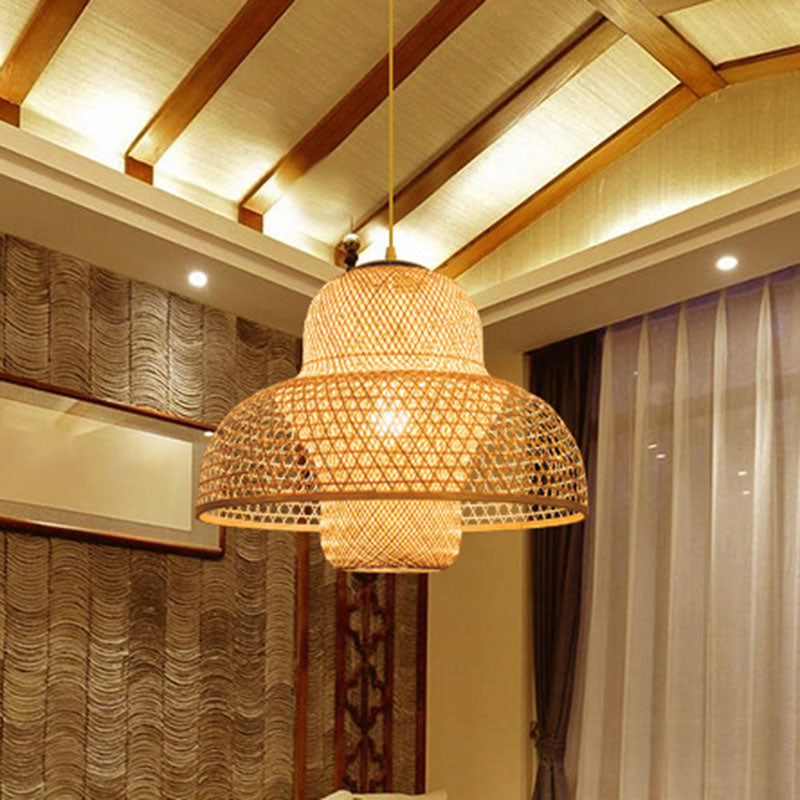 Criss Cross Weaving Hanging Lamp Chinese Bamboo 1 Bulb Tearoom Pendant Light Kit in Wood Clearhalo 'Ceiling Lights' 'Pendant Lights' 'Pendants' Lighting' 2044437