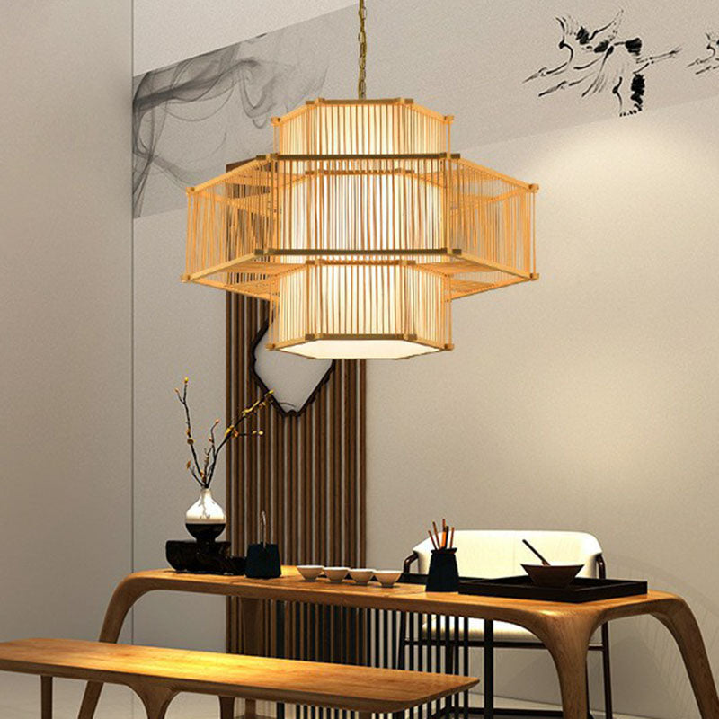 Geometric Shape Guest Room Pendant Light Bamboo Single Asian Hanging Light in Wood Clearhalo 'Ceiling Lights' 'Pendant Lights' 'Pendants' Lighting' 2044439