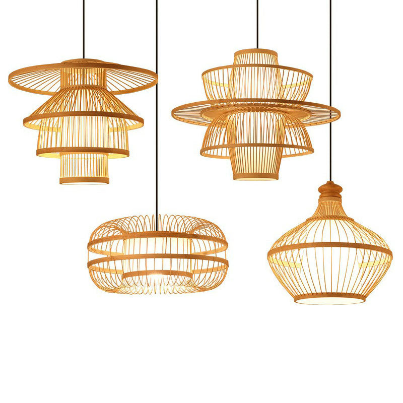 Geometric Shape Guest Room Pendant Light Bamboo Single Asian Hanging Light in Wood Clearhalo 'Ceiling Lights' 'Pendant Lights' 'Pendants' Lighting' 2044441