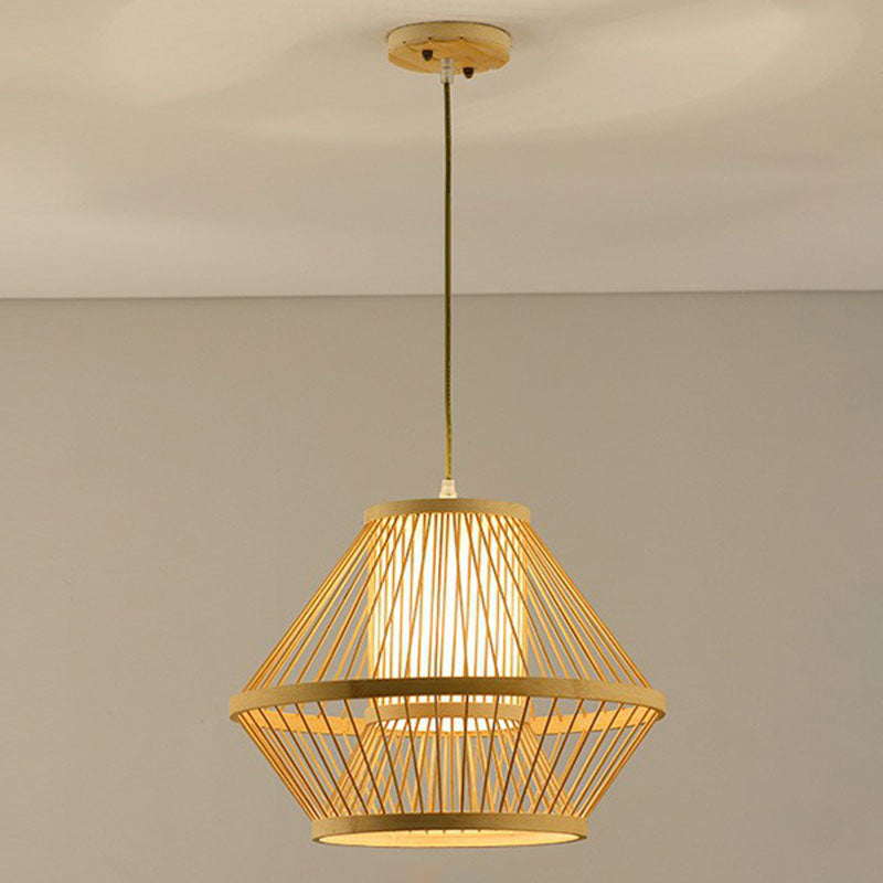 Geometric Shape Guest Room Pendant Light Bamboo Single Asian Hanging Light in Wood Clearhalo 'Ceiling Lights' 'Pendant Lights' 'Pendants' Lighting' 2044443