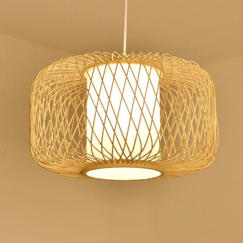 Cage Lantern Pendant Light Fixture Asia Bamboo 1-Light Bistro Suspension Lamp in Wood Clearhalo 'Ceiling Lights' 'Pendant Lights' 'Pendants' Lighting' 2044451