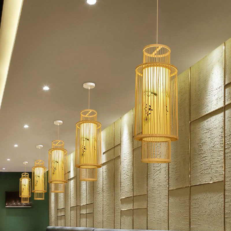 Cage Lantern Pendant Light Fixture Asia Bamboo 1-Light Bistro Suspension Lamp in Wood Wood E Clearhalo 'Ceiling Lights' 'Pendant Lights' 'Pendants' Lighting' 2044454_790845d3-b784-44a4-a04d-e76f6748d780