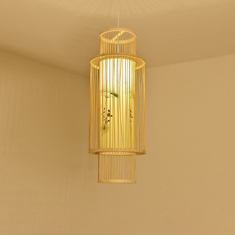 Cage Lantern Pendant Light Fixture Asia Bamboo 1-Light Bistro Suspension Lamp in Wood Clearhalo 'Ceiling Lights' 'Pendant Lights' 'Pendants' Lighting' 2044455