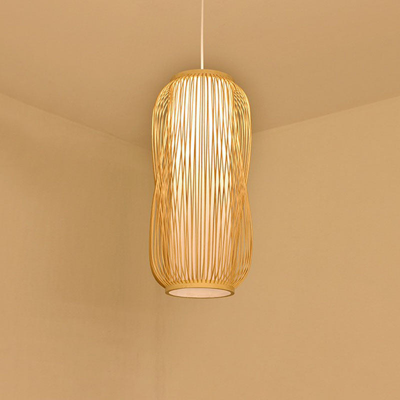 Cage Lantern Pendant Light Fixture Asia Bamboo 1-Light Bistro Suspension Lamp in Wood Clearhalo 'Ceiling Lights' 'Pendant Lights' 'Pendants' Lighting' 2044456