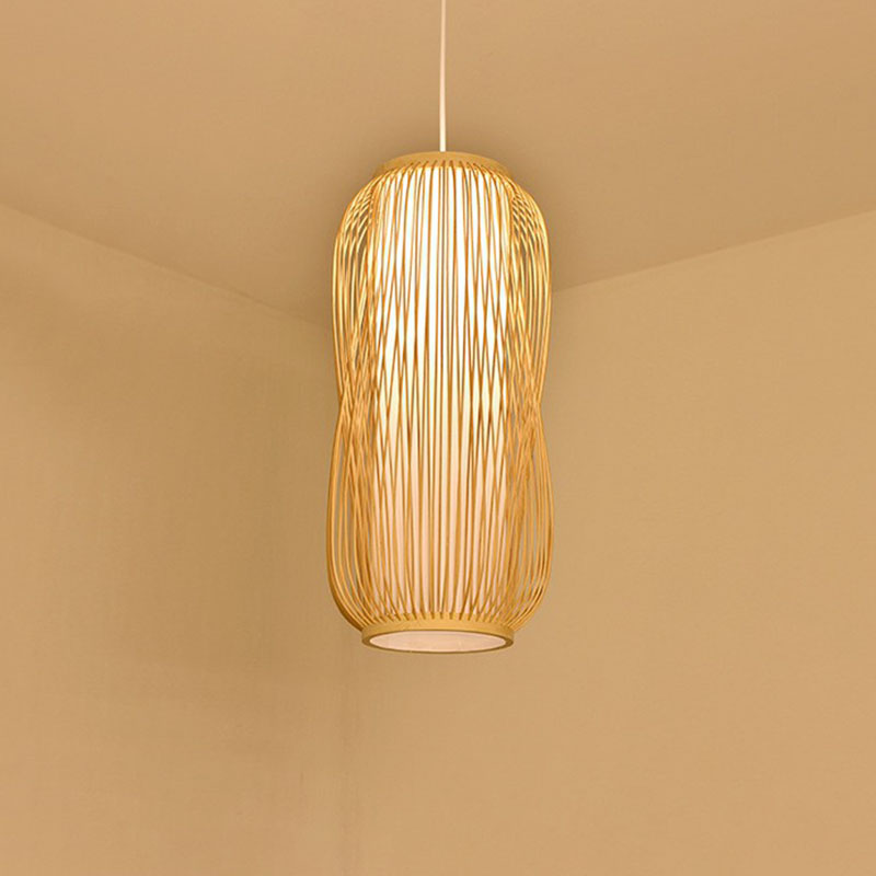 Cage Lantern Pendant Light Fixture Asia Bamboo 1-Light Bistro Suspension Lamp in Wood Wood C Clearhalo 'Ceiling Lights' 'Pendant Lights' 'Pendants' Lighting' 2044456_82c23e78-c488-4acb-9730-5e78955b470f