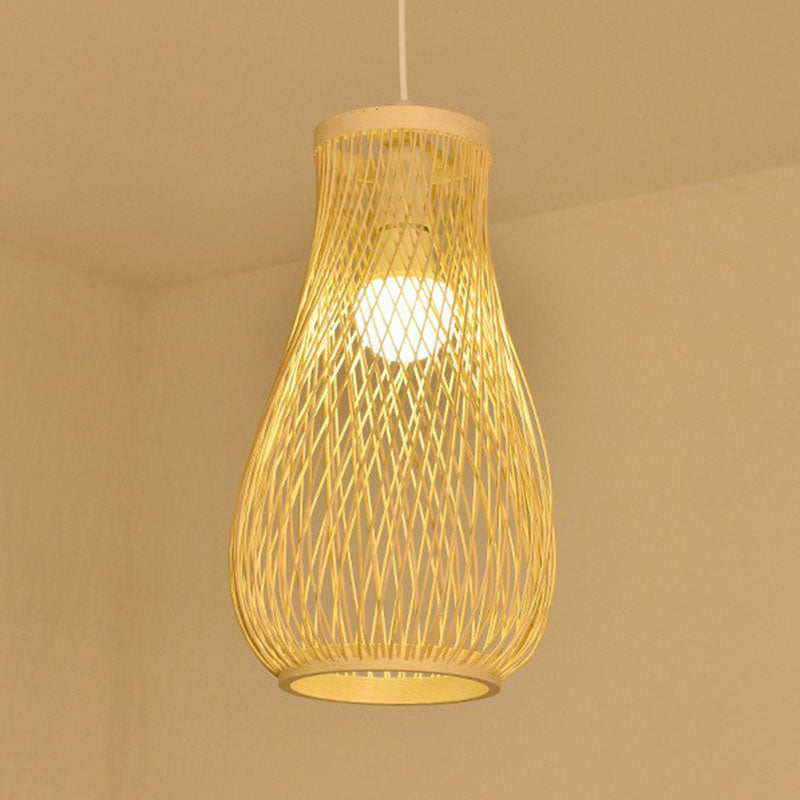 Cage Lantern Pendant Light Fixture Asia Bamboo 1-Light Bistro Suspension Lamp in Wood Clearhalo 'Ceiling Lights' 'Pendant Lights' 'Pendants' Lighting' 2044457