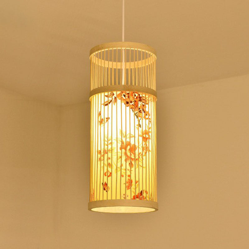 Cage Lantern Pendant Light Fixture Asia Bamboo 1-Light Bistro Suspension Lamp in Wood Clearhalo 'Ceiling Lights' 'Pendant Lights' 'Pendants' Lighting' 2044459