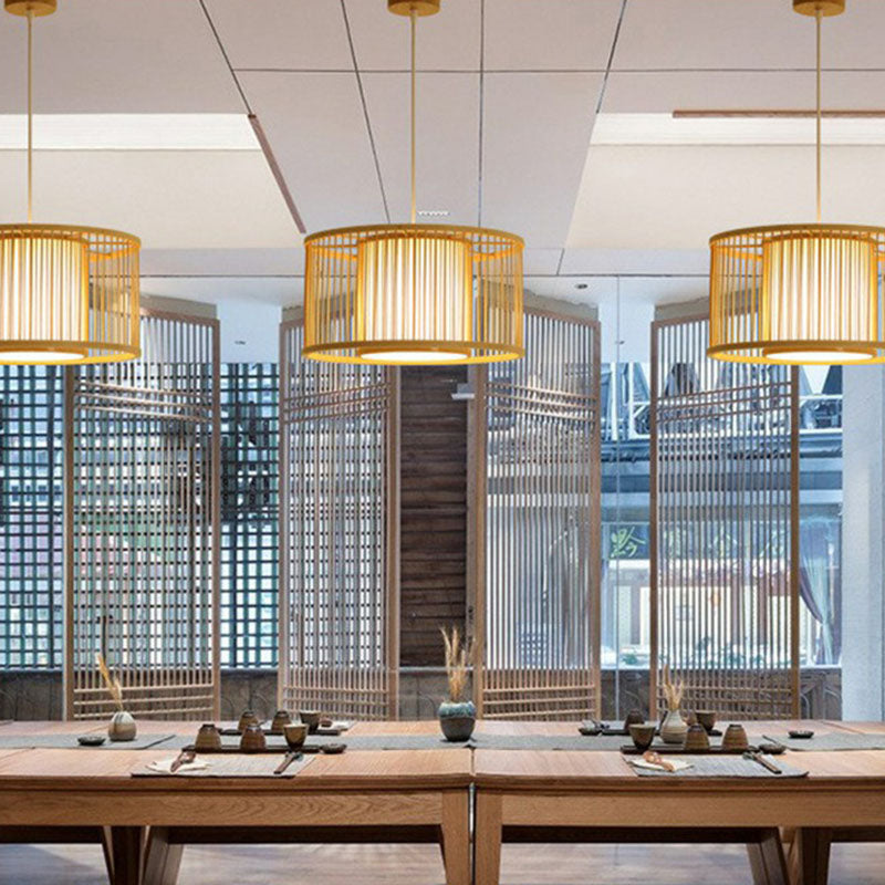 Geometric Restaurant Drop Pendant Bamboo 1 Bulb Asian Style Pendulum Light in Wood Clearhalo 'Ceiling Lights' 'Pendant Lights' 'Pendants' Lighting' 2044470