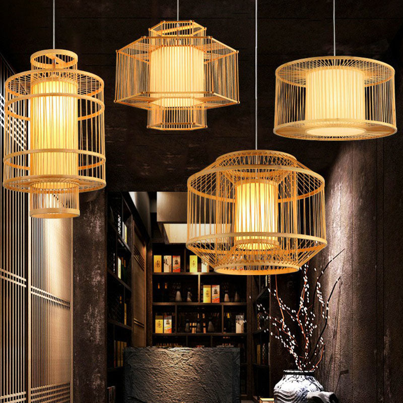 Geometric Restaurant Drop Pendant Bamboo 1 Bulb Asian Style Pendulum Light in Wood Clearhalo 'Ceiling Lights' 'Pendant Lights' 'Pendants' Lighting' 2044471