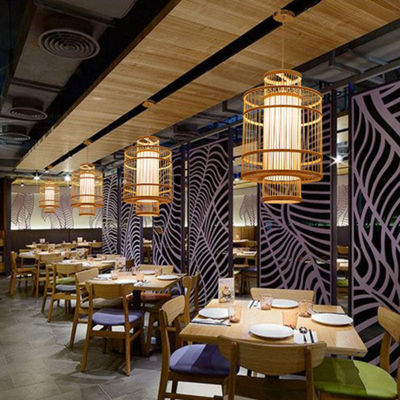 Geometric Restaurant Drop Pendant Bamboo 1 Bulb Asian Style Pendulum Light in Wood Clearhalo 'Ceiling Lights' 'Pendant Lights' 'Pendants' Lighting' 2044473