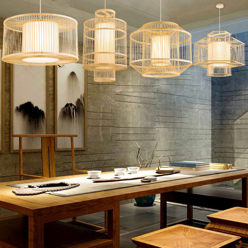 Geometric Restaurant Drop Pendant Bamboo 1 Bulb Asian Style Pendulum Light in Wood Clearhalo 'Ceiling Lights' 'Pendant Lights' 'Pendants' Lighting' 2044474