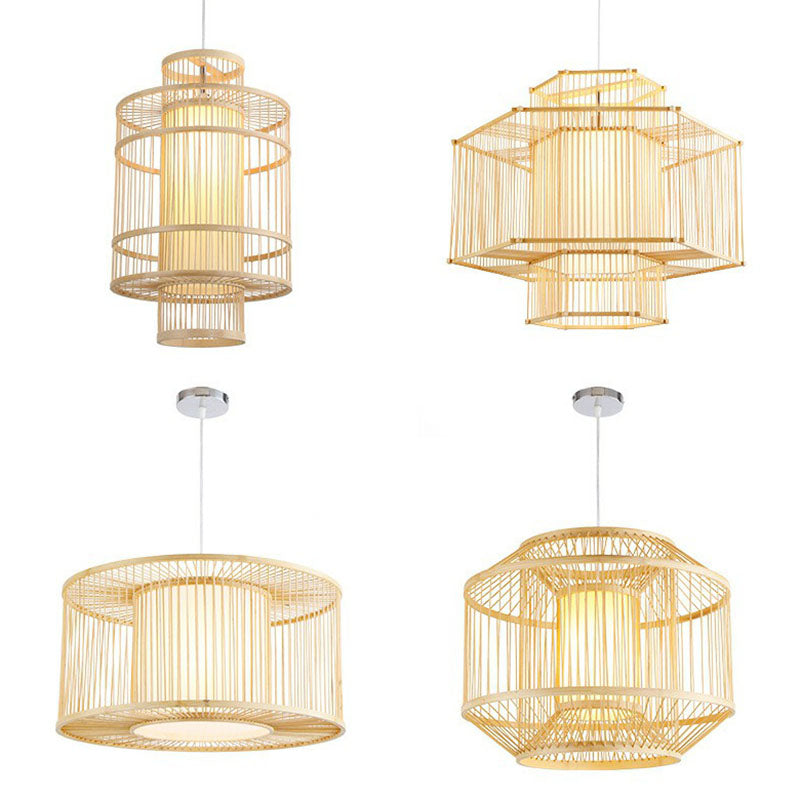 Geometric Restaurant Drop Pendant Bamboo 1 Bulb Asian Style Pendulum Light in Wood Clearhalo 'Ceiling Lights' 'Pendant Lights' 'Pendants' Lighting' 2044475