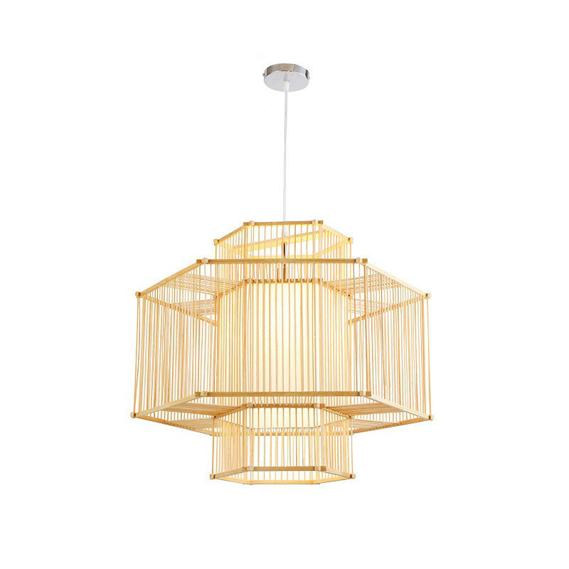 Geometric Restaurant Drop Pendant Bamboo 1 Bulb Asian Style Pendulum Light in Wood Clearhalo 'Ceiling Lights' 'Pendant Lights' 'Pendants' Lighting' 2044478