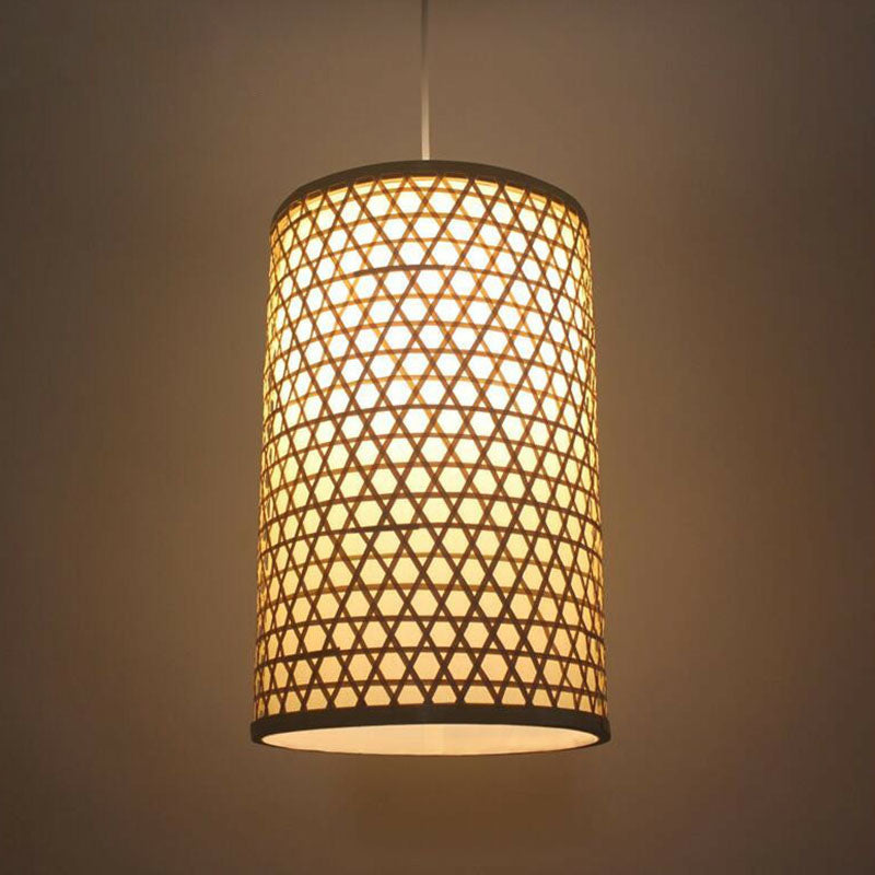 Beige Cylindrical Pendant Light Kit Asia 1-Light Bamboo Hanging Lamp for Dining Room Clearhalo 'Ceiling Lights' 'Pendant Lights' 'Pendants' Lighting' 2044480