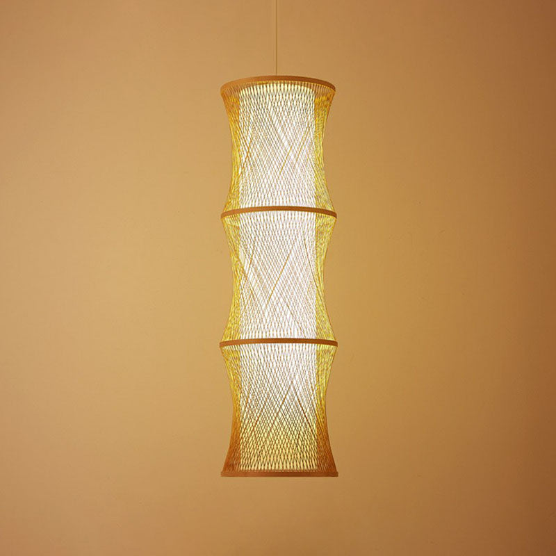 Asian 1-Light Ceiling Lamp Wood Fish Trap Wire Pendant Lighting with Rattan Shade Clearhalo 'Ceiling Lights' 'Pendant Lights' 'Pendants' Lighting' 2044487